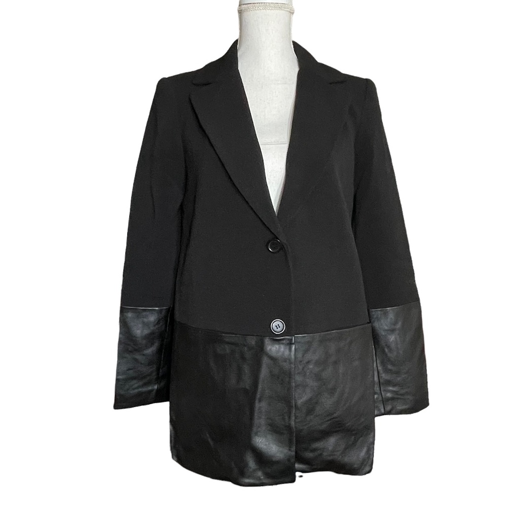 Leather Trim Blazer Coat S Black Notched Lapel Collar Long Sleeve Panel Rayon